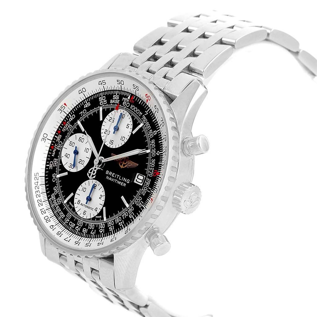 The Breitling Navitimer A13322 Men's Stainless Steel Black Dial A13322 Men's Stainless Steel Black Dial watch is shown at a high side angle, displaying the face, bezel, crown, pushers, and part of the bracelet.