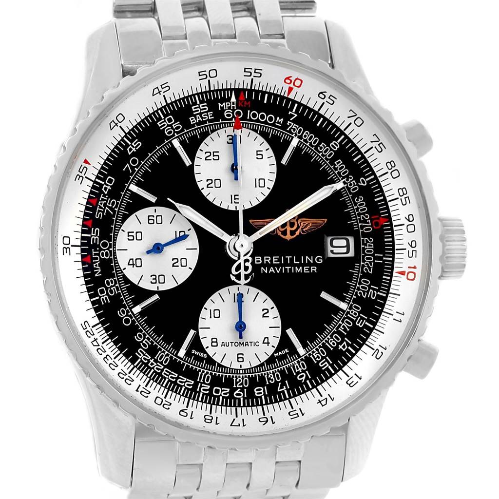 This image shows the Breitling Navitimer A13322 Men's Stainless Steel Black Dial A13322 Men's Stainless Steel Black Dial watch face with a stainless steel bracelet, featuring three sub-dials and a date display.