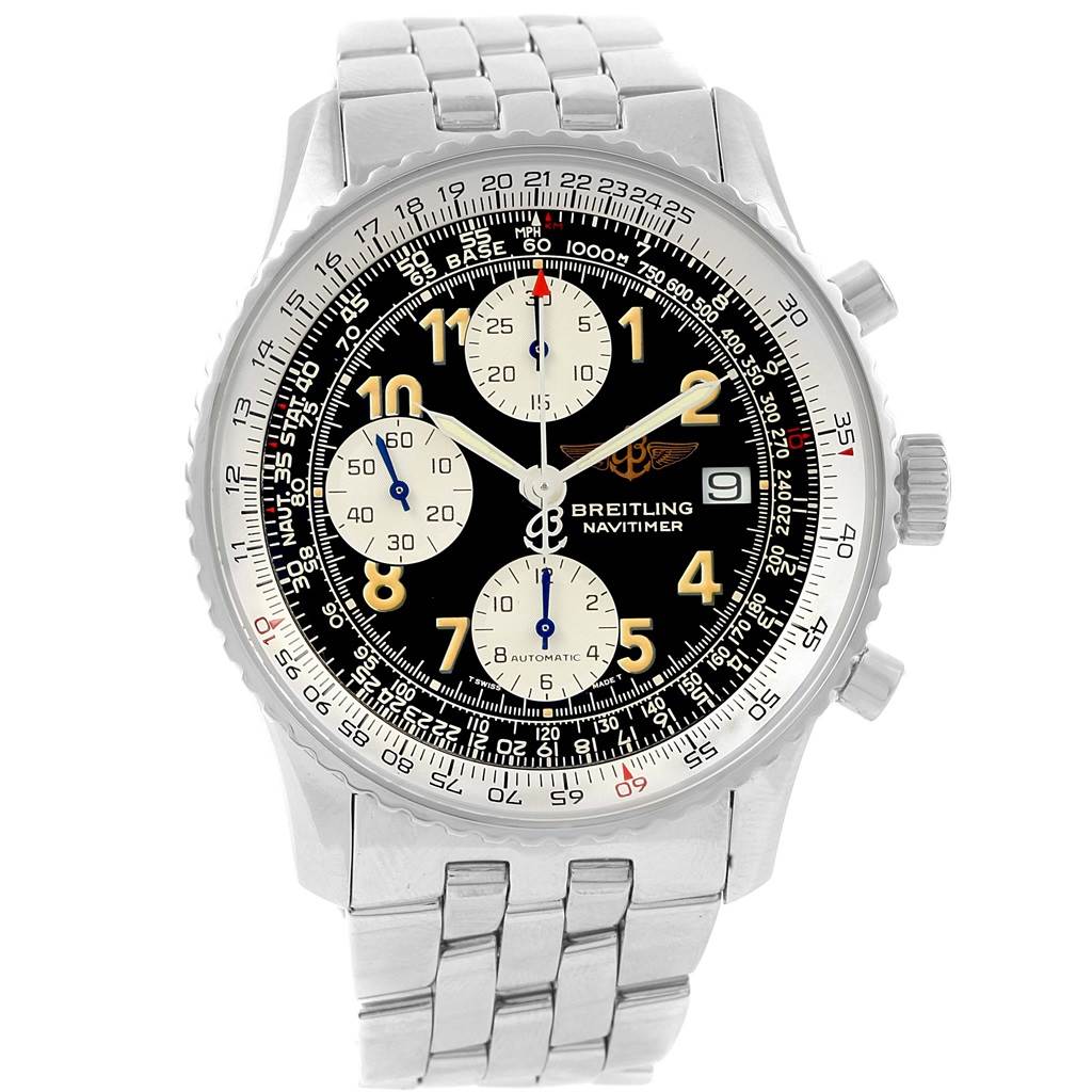 The image shows a frontal view of the Breitling Navitimer A13022 Men's Stainless Steel Black Dial A13022 Men's Stainless Steel Black Dial watch, highlighting the face, bezel, chronograph subdials, and bracelet.