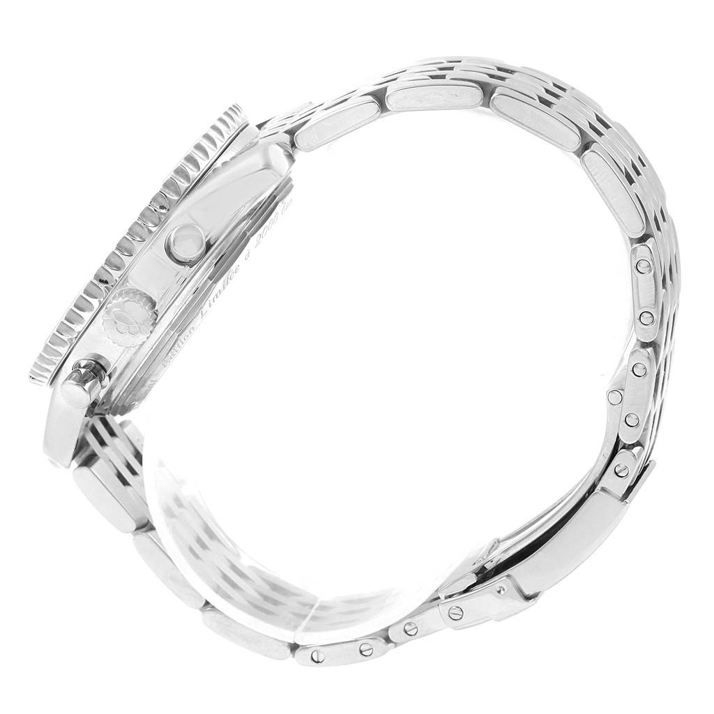 The Breitling Navitimer AB0131 Men's Stainless Steel Silver Dial AB0131 Men's Stainless Steel Silver Dial watch is shown from a side angle, highlighting its bezel, crown, and braced stainless steel strap.