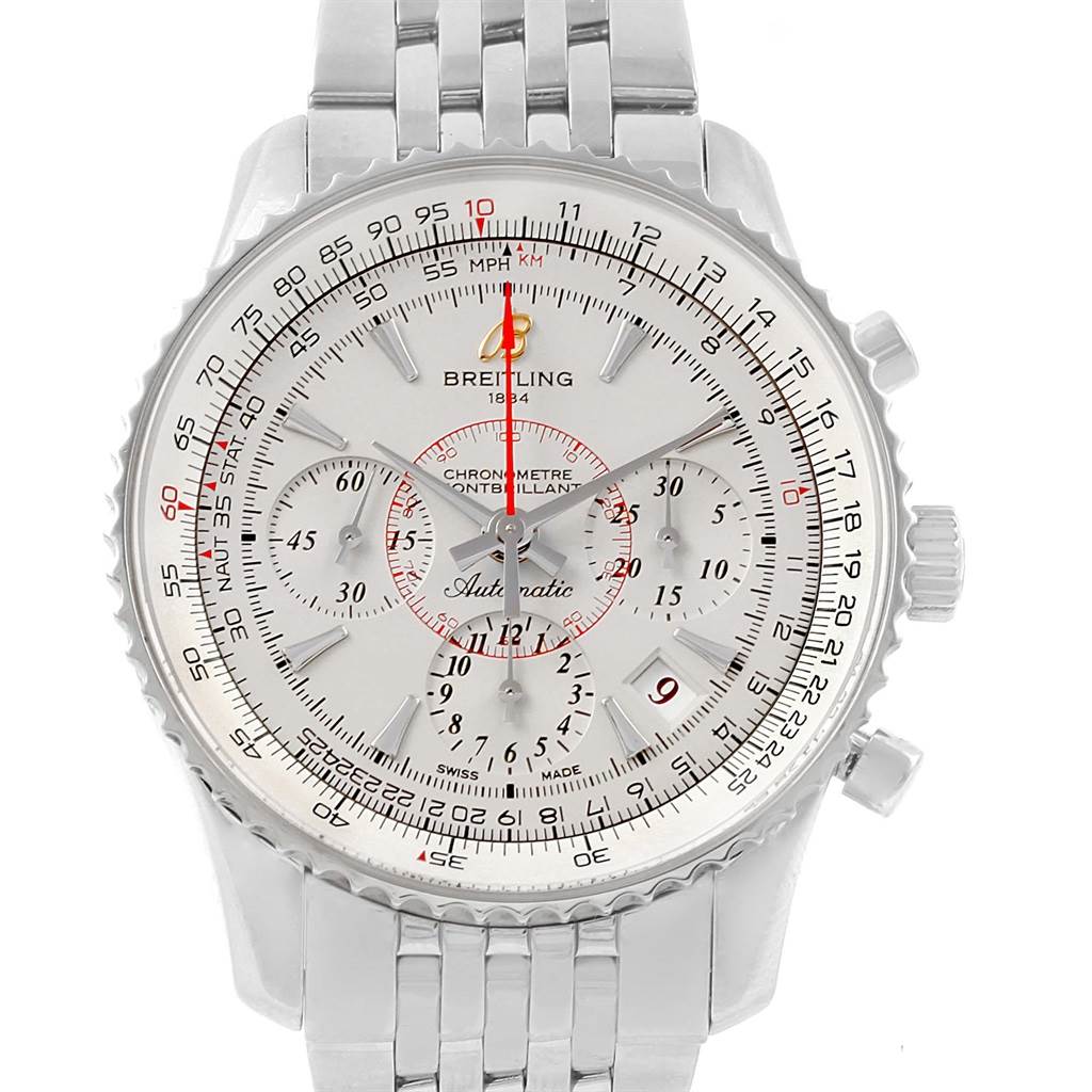 This image shows a close-up, frontal view of the Breitling Navitimer AB0131 Men's Stainless Steel Silver Dial AB0131 Men's Stainless Steel Silver Dial watch, displaying its face, bezel, and bracelet.