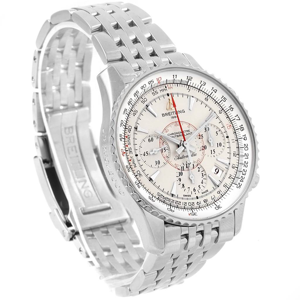 The image shows a Breitling Navitimer AB0131 Men's Stainless Steel Silver Dial AB0131 Men's Stainless Steel Silver Dial watch at a three-quarter angle, displaying the face, bezel, and bracelet.