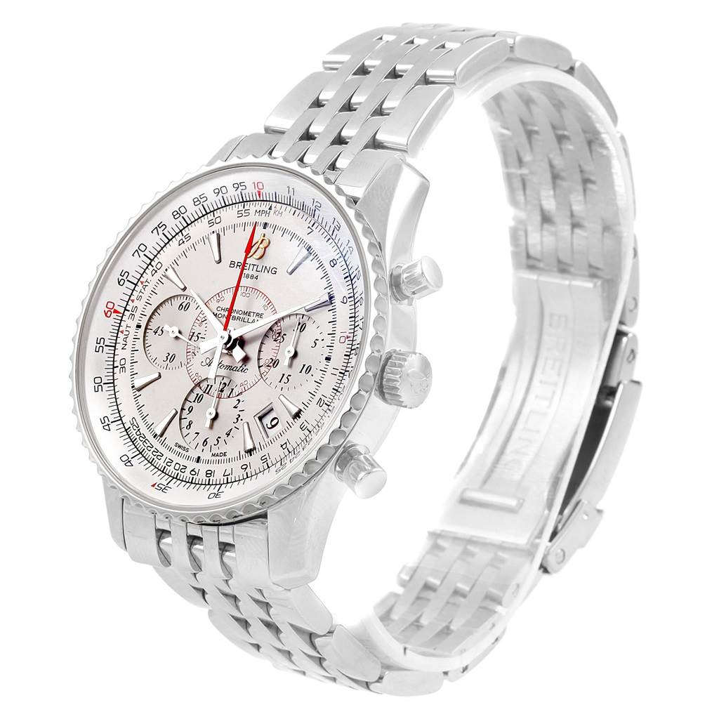 The Breitling Navitimer AB0131 Men's Stainless Steel Silver Dial AB0131 Men's Stainless Steel Silver Dial watch is shown at a three-quarter angle highlighting the face, crown, pushers, and stainless steel bracelet.