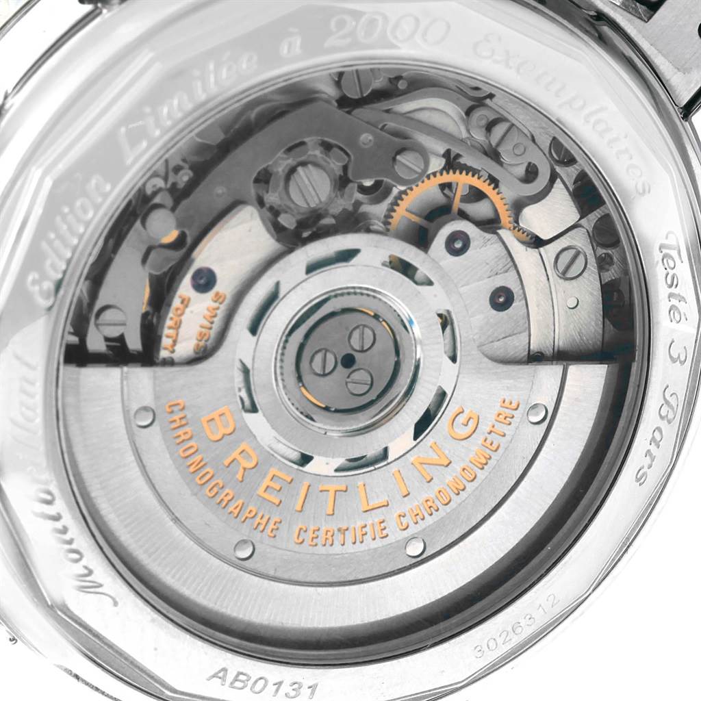 The image shows the inner mechanism and back case of a Breitling Navitimer AB0131 Men's Stainless Steel Silver Dial AB0131 Men's Stainless Steel Silver Dial watch from a close-up angle.