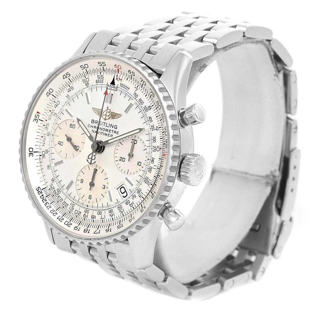 The Breitling Navitimer A23322 Men's Stainless Steel Silver Dial A23322 Men's Stainless Steel Silver Dial watch is shown at a slight angle, displaying its face, bezel, crown, pushers, and metal bracelet.