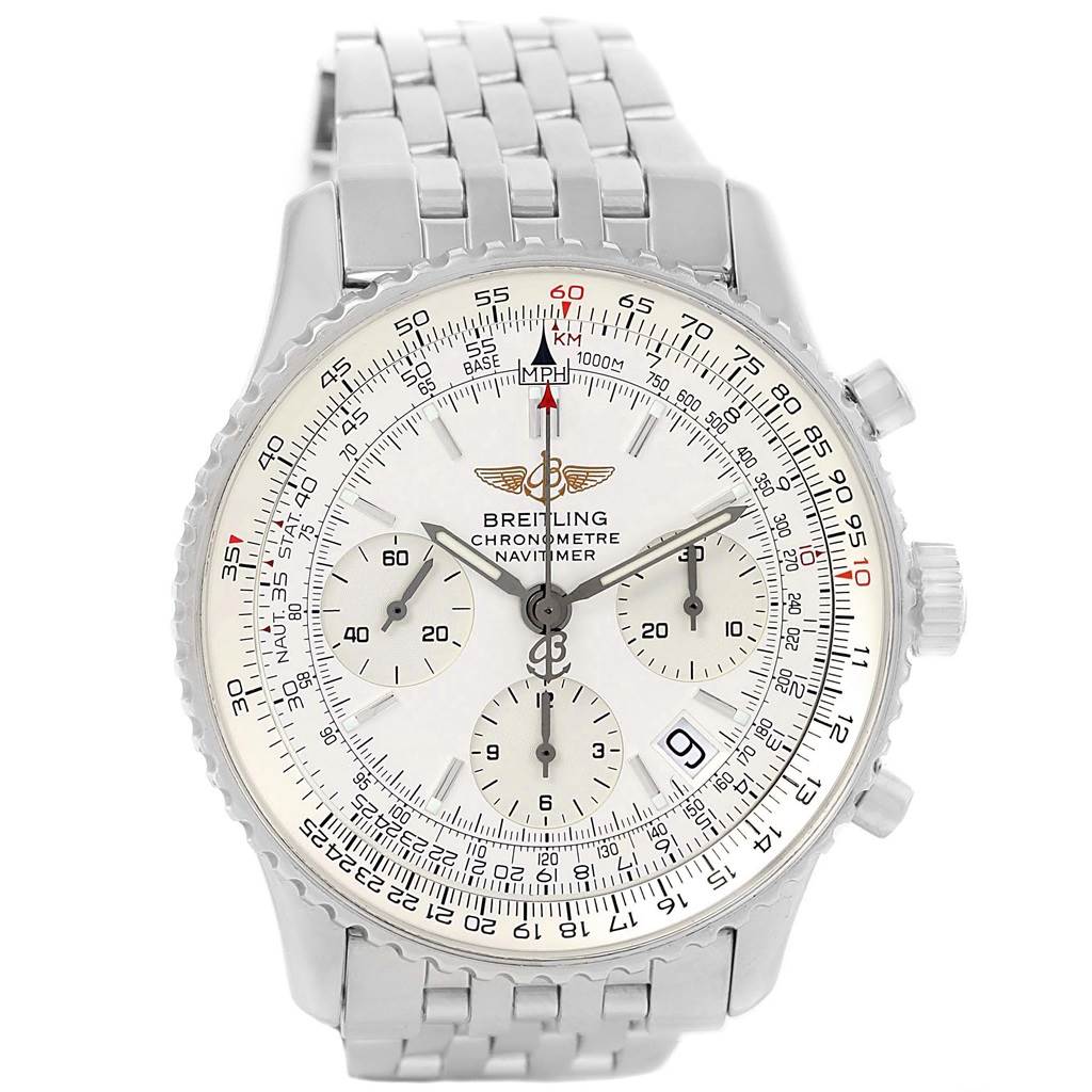 This image shows a Breitling Navitimer A23322 Men's Stainless Steel Silver Dial A23322 Men's Stainless Steel Silver Dial watch from a front view, displaying its face, bezel, and bracelet.