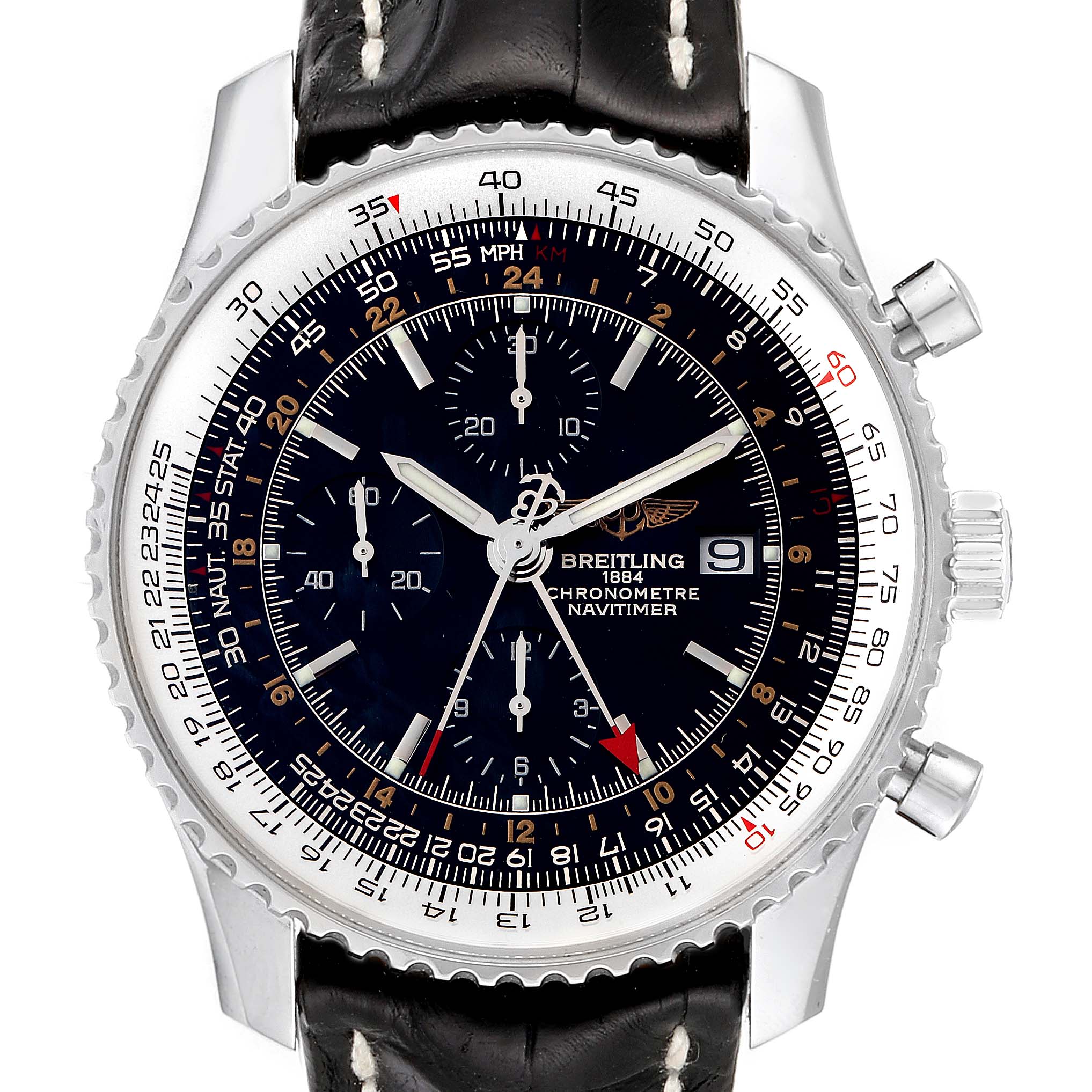 This image shows a full frontal view of the Breitling Navitimer A24322 Men's Stainless Steel Black Dial A24322 Men's Stainless Steel Black Dial watch, displaying its dial, bezel, and leather strap.