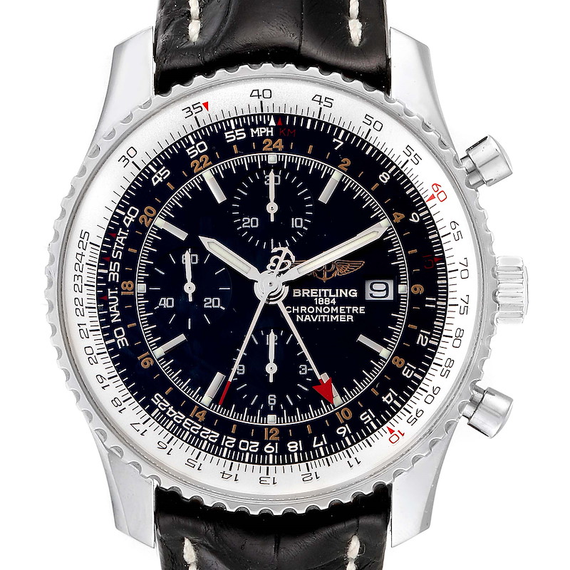 Breitling Navitimer World 46mm Black Strap Steel Mens Watch A24322 SwissWatchExpo