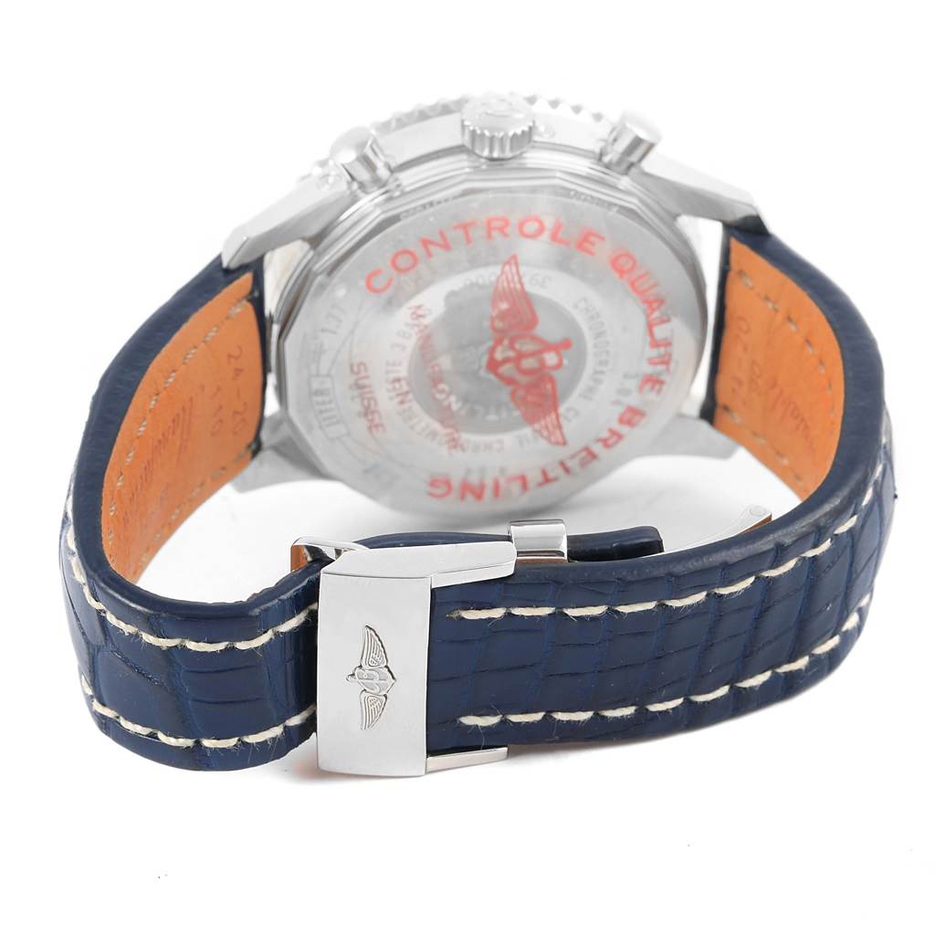 The image shows the back of the Breitling Navitimer A19370 Men's Stainless Steel Blue Dial A19370 Men's Stainless Steel Blue Dial watch and its blue leather strap with clasp.