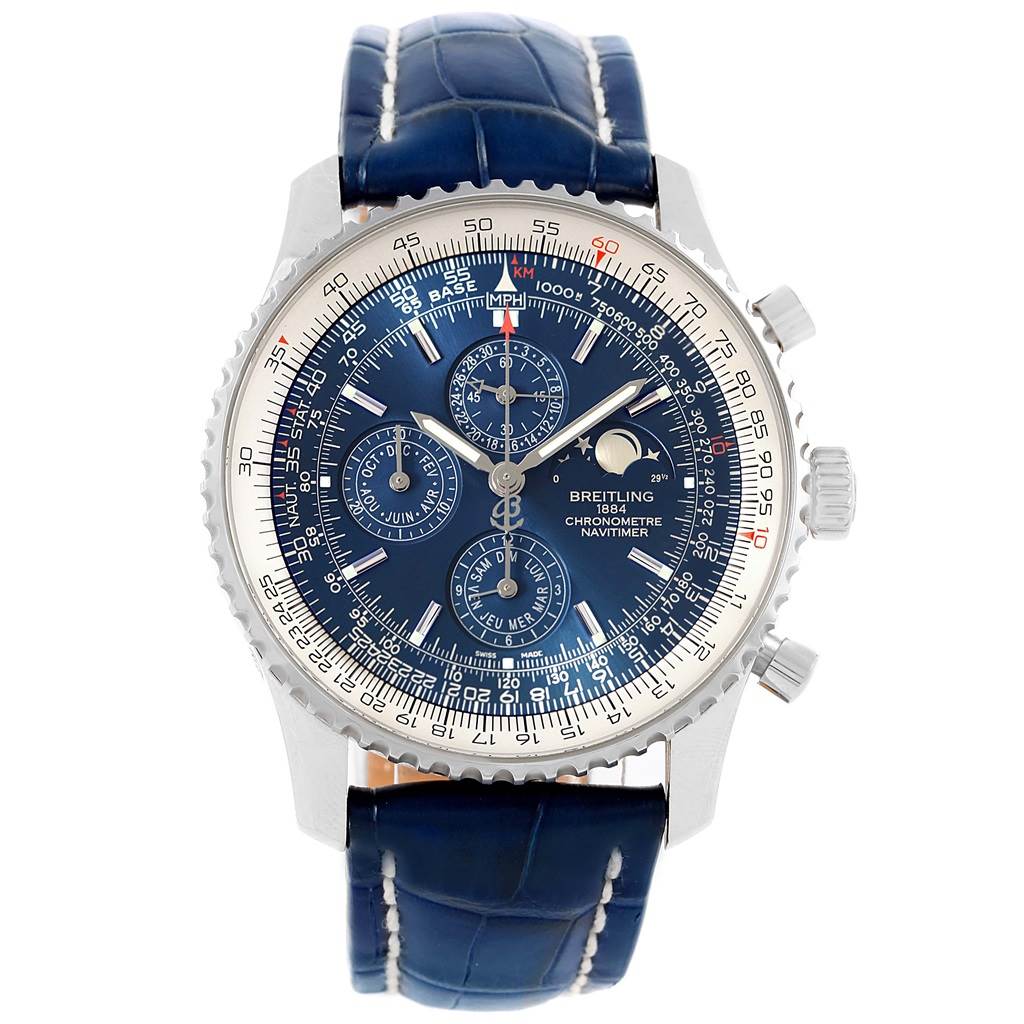 The image shows a frontal view of the Breitling Navitimer A19370 Men's Stainless Steel Blue Dial A19370 Men's Stainless Steel Blue Dial with its blue dial, subdials, and blue leather strap.