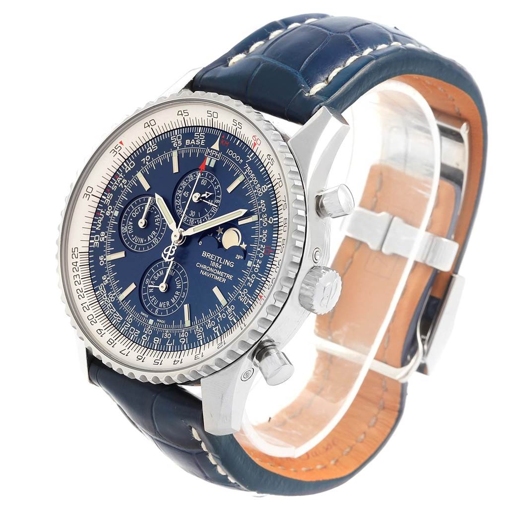 The image shows a Breitling Navitimer A19370 Men's Stainless Steel Blue Dial A19370 Men's Stainless Steel Blue Dial watch at a three-quarter angle, highlighting the dial, bezel, crown, pushers, and strap.