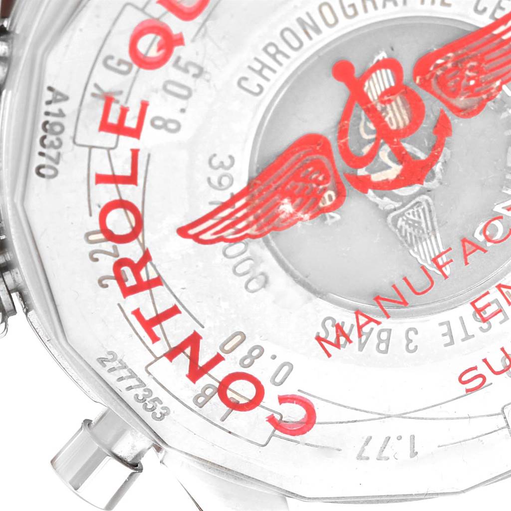 This image shows the back case of the Breitling Navitimer A19370 Men's Stainless Steel Blue Dial A19370 Men's Stainless Steel Blue Dial watch, with visible engravings and logos.