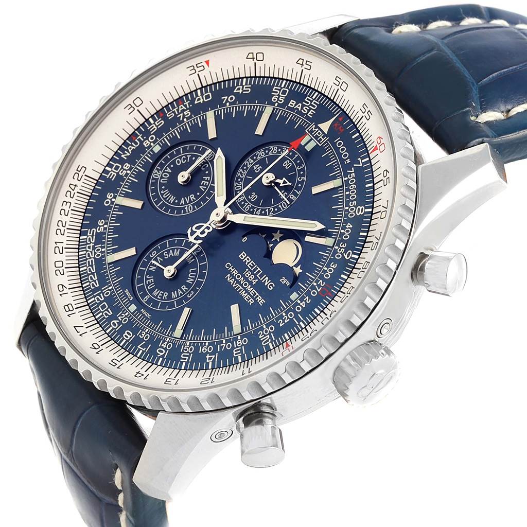 This image shows a Breitling Navitimer A19370 Men's Stainless Steel Blue Dial A19370 Men's Stainless Steel Blue Dial watch at a slight angle, highlighting the dial, case, crown, and chronograph pushers.