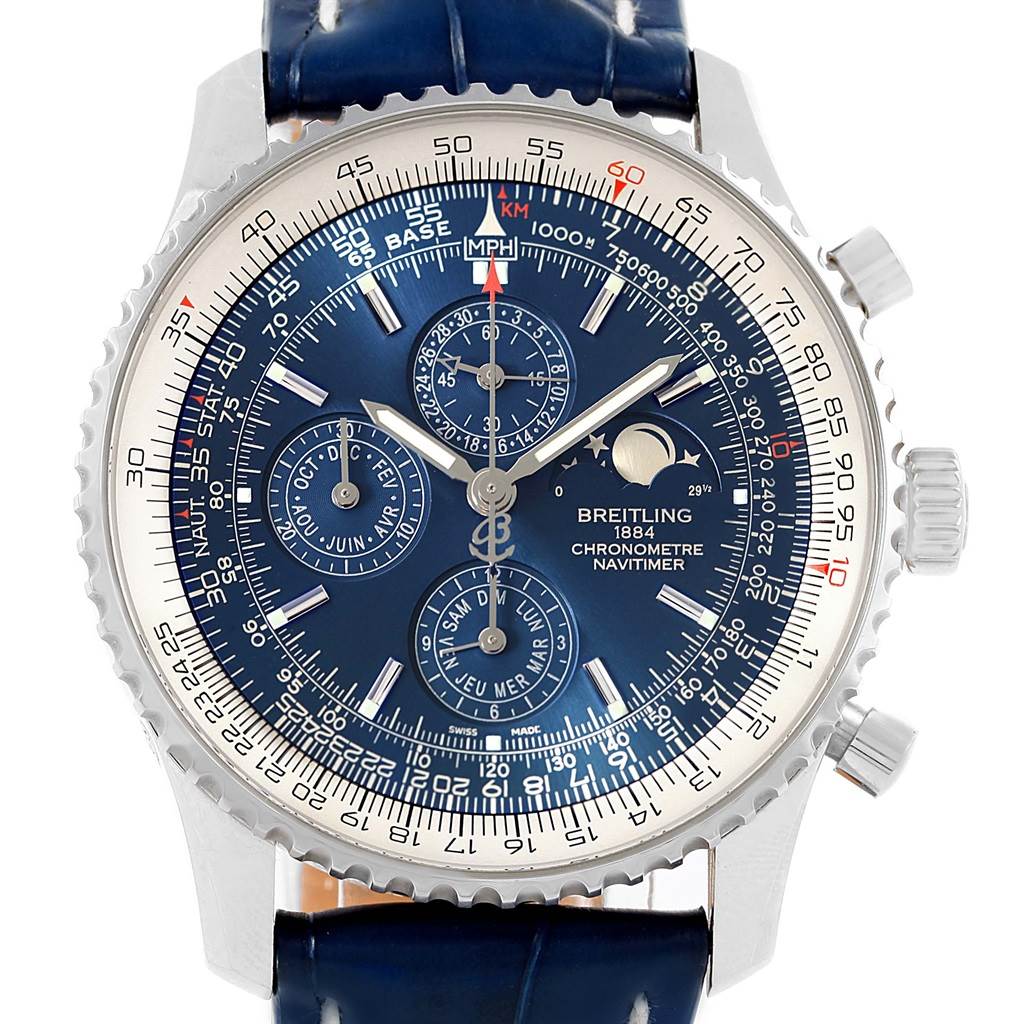The image shows a front view of a Breitling Navitimer A19370 Men's Stainless Steel Blue Dial A19370 Men's Stainless Steel Blue Dial watch, displaying its blue dial, bezel, subdials, and crown.