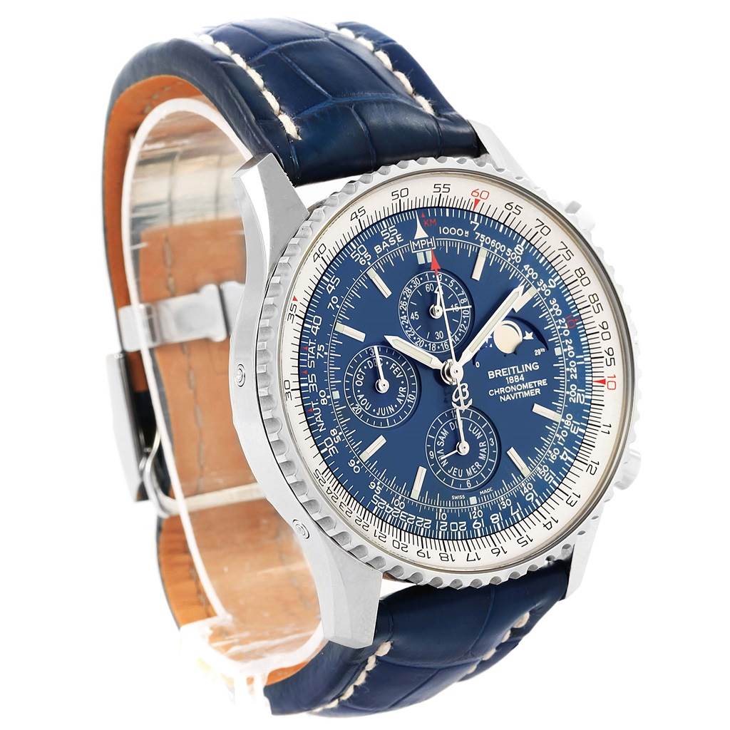 The Breitling Navitimer A19370 Men's Stainless Steel Blue Dial A19370 Men's Stainless Steel Blue Dial watch is shown at an angle, displaying its blue dial, silver bezel, chronograph sub-dials, and blue leather strap.