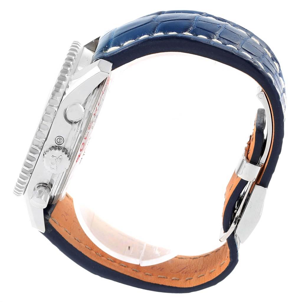 The image shows a side view of the Breitling Navitimer A19370 Men's Stainless Steel Blue Dial A19370 Men's Stainless Steel Blue Dial watch, highlighting the crown, pushers, and blue leather strap.