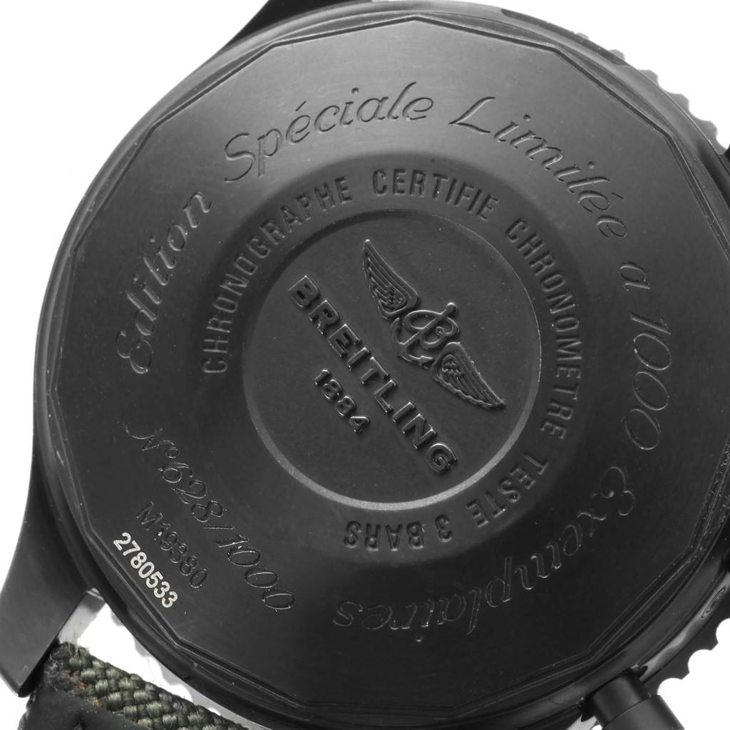 This image shows the back case of a Breitling Navitimer M19380 Men's Stainless Steel Black Dial M19380 Men's Stainless Steel Black Dial watch, displaying limited edition details and brand engravings.