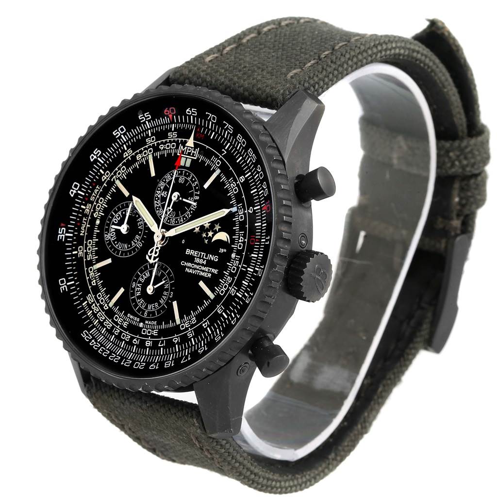 The Breitling Navitimer M19380 Men's Stainless Steel Black Dial M19380 Men's Stainless Steel Black Dial watch is shown at a slight angle from the front, displaying its face, bezel, crown, and buttons.