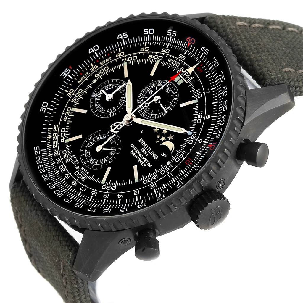 This image shows a side angle of the Breitling Navitimer M19380 Men's Stainless Steel Black Dial M19380 Men's Stainless Steel Black Dial watch, highlighting its detailed dial, bezel, pushers, and strap.