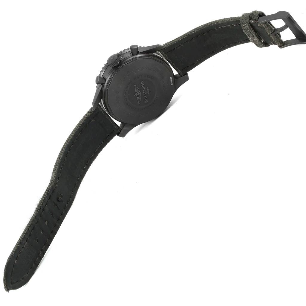 This image shows the back case and strap of a Breitling Navitimer M19380 Men's Stainless Steel Black Dial M19380 Men's Stainless Steel Black Dial watch at a slightly angled view.