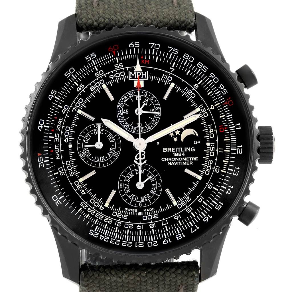 The image shows a front view of a Breitling Navitimer M19380 Men's Stainless Steel Black Dial M19380 Men's Stainless Steel Black Dial watch, highlighting the dial, chronograph subdials, bezel, and crown.