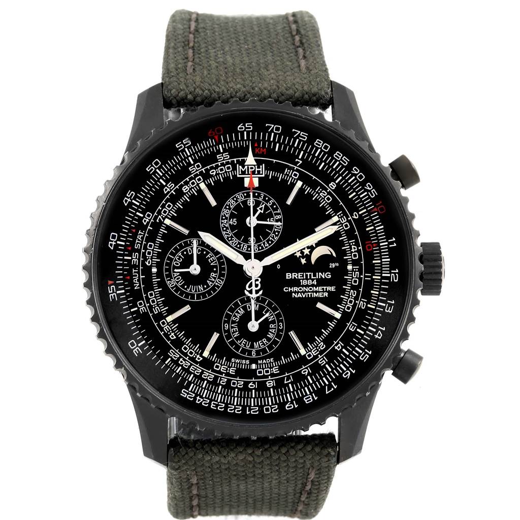 The image shows a front view of a Breitling Navitimer M19380 Men's Stainless Steel Black Dial M19380 Men's Stainless Steel Black Dial watch, displaying its dial, bezel, chronograph subdials, and strap.