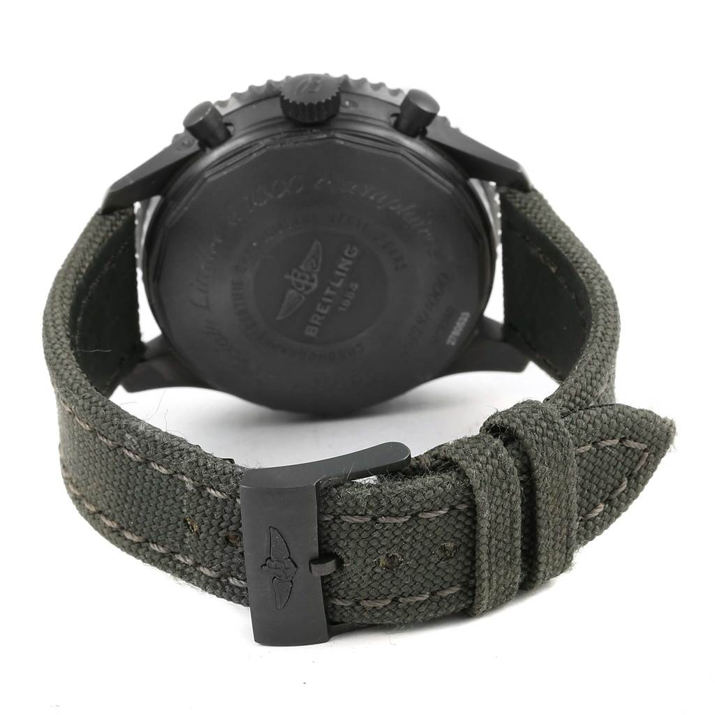 The image shows the back side and strap of a Breitling Navitimer M19380 Men's Stainless Steel Black Dial M19380 Men's Stainless Steel Black Dial watch at an angle focusing on the buckle.