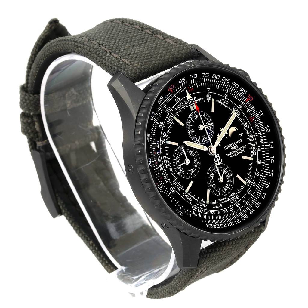 The image shows a side-angle view of the Breitling Navitimer M19380 Men's Stainless Steel Black Dial M19380 Men's Stainless Steel Black Dial watch, displaying the dial, case, and strap in detail.