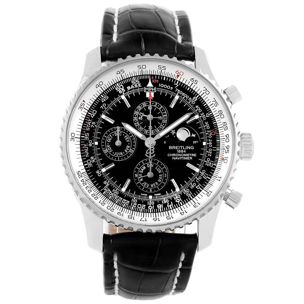 The image shows a frontal view of the Breitling Navitimer A19370 Men's Stainless Steel Black Dial A19370 Men's Stainless Steel Black Dial watch, highlighting its dial, bezel, and leather strap.
