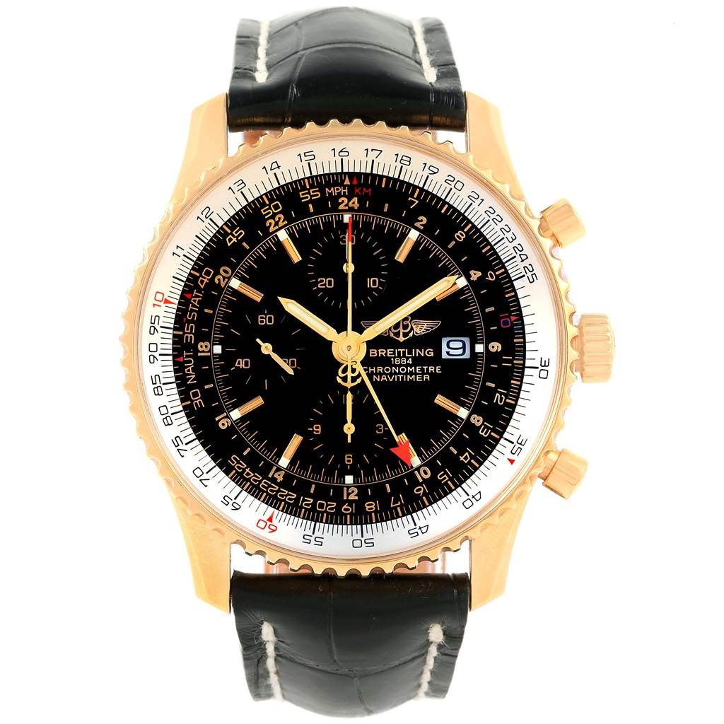 This image shows a front view of the Breitling Navitimer K24322 Men's Yellow Gold Black Dial K24322 Men's Yellow Gold Black Dial watch, highlighting the leather strap, dial, and chronograph features.