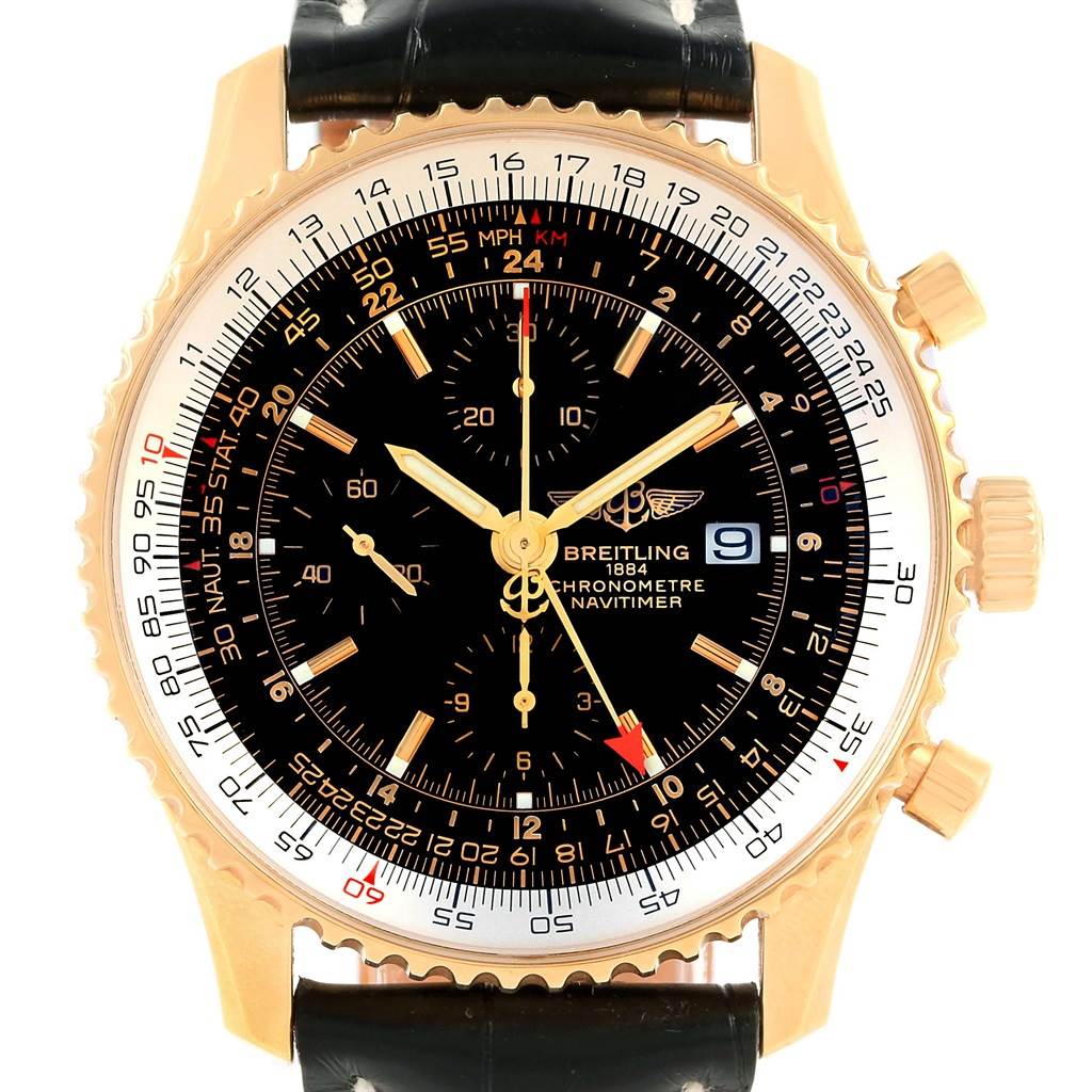 The image shows a front view of the Breitling Navitimer K24322 Men's Yellow Gold Black Dial K24322 Men's Yellow Gold Black Dial watch, highlighting its dial, bezel, chronograph subdials, and date display.