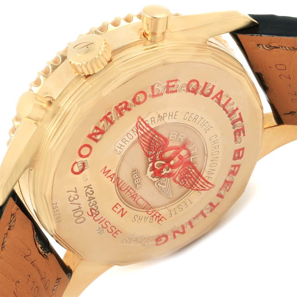 This image shows the back case and part of the strap of a Breitling Navitimer K24322 Men's Yellow Gold Black Dial K24322 Men's Yellow Gold Black Dial watch.