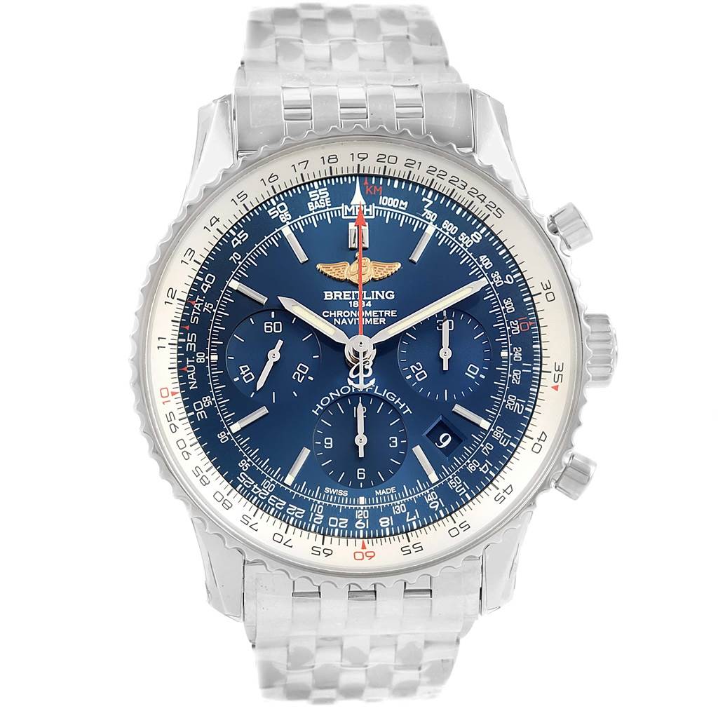 The image shows a front view of a Breitling Navitimer AB0120 Men's Stainless Steel Blue Dial AB0120 Men's Stainless Steel Blue Dial watch, featuring a blue dial, chronograph subdials, and a stainless steel bracelet.