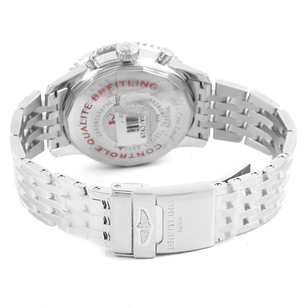 The image shows the back and clasp of a Breitling Navitimer AB0120 Men's Stainless Steel Blue Dial AB0120 Men's Stainless Steel Blue Dial watch from a rear angle.