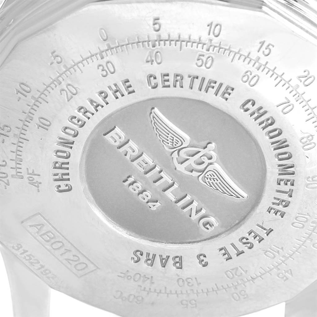 This close-up image shows the engraved back case of a Breitling Navitimer AB0120 Men
s Stainless Steel Black Dial AB0120 Men
s Stainless Steel Black Dial watch.