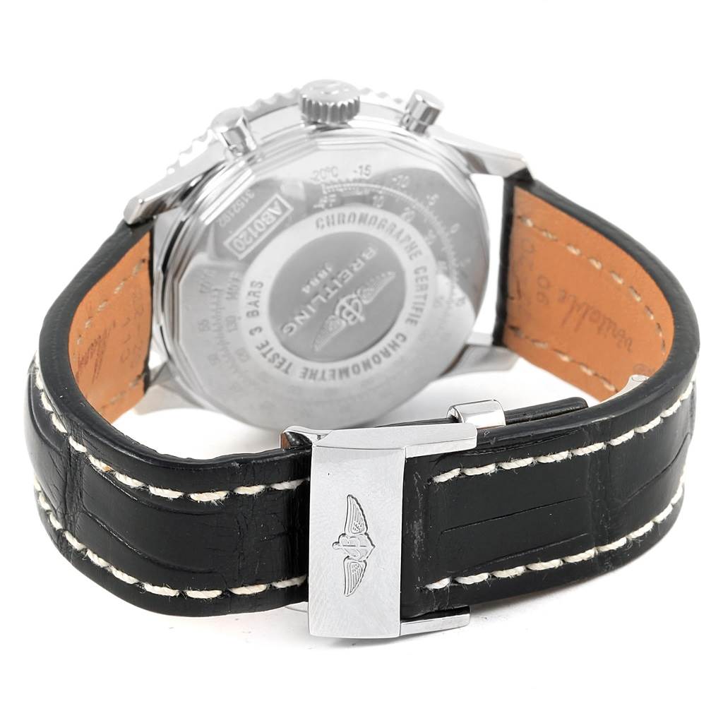 The image shows a rear view of a Breitling Navitimer AB0120 Men
s Stainless Steel Black Dial AB0120 Men
s Stainless Steel Black Dial watch, focusing on the case back and leather strap with a deployment clasp.