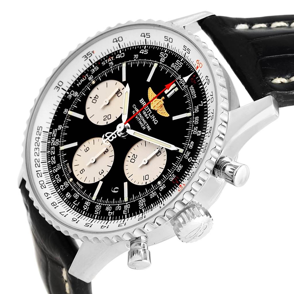 The image shows a Breitling Navitimer AB0120 Men
s Stainless Steel Black Dial AB0120 Men
s Stainless Steel Black Dial watch from a side angle, highlighting the dial, bezel, crown, and pushers.