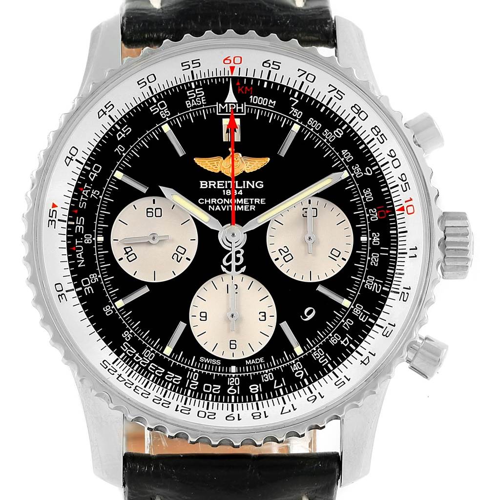 This image shows a close-up, frontal view of the Breitling Navitimer AB0120 Men
s Stainless Steel Black Dial AB0120 Men
s Stainless Steel Black Dial watch, highlighting its dial, bezel, and chronograph sub-dials.