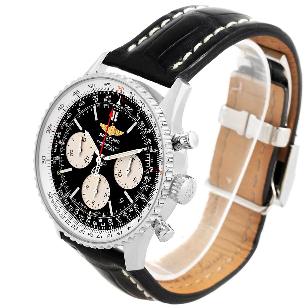 This image shows a Breitling Navitimer AB0120 Men
s Stainless Steel Black Dial AB0120 Men
s Stainless Steel Black Dial watch at a slight angle, featuring the dial, bezel, buttons, and leather strap.
