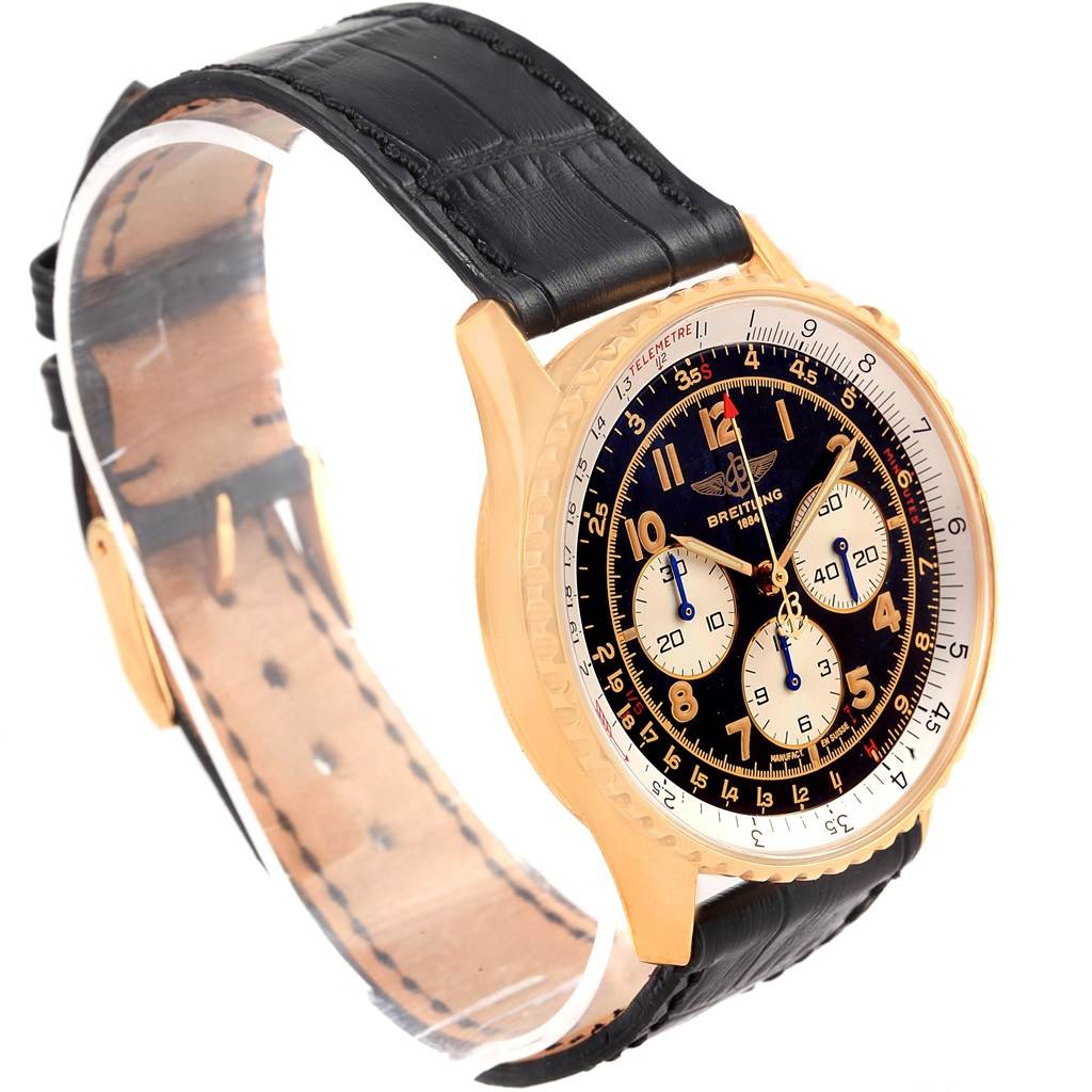 The image shows a Breitling Navitimer K30021 Men
s Rose Gold Black Dial K30021 Men
s Rose Gold Black Dial watch at a front three-quarter angle, displaying its face and leather strap.