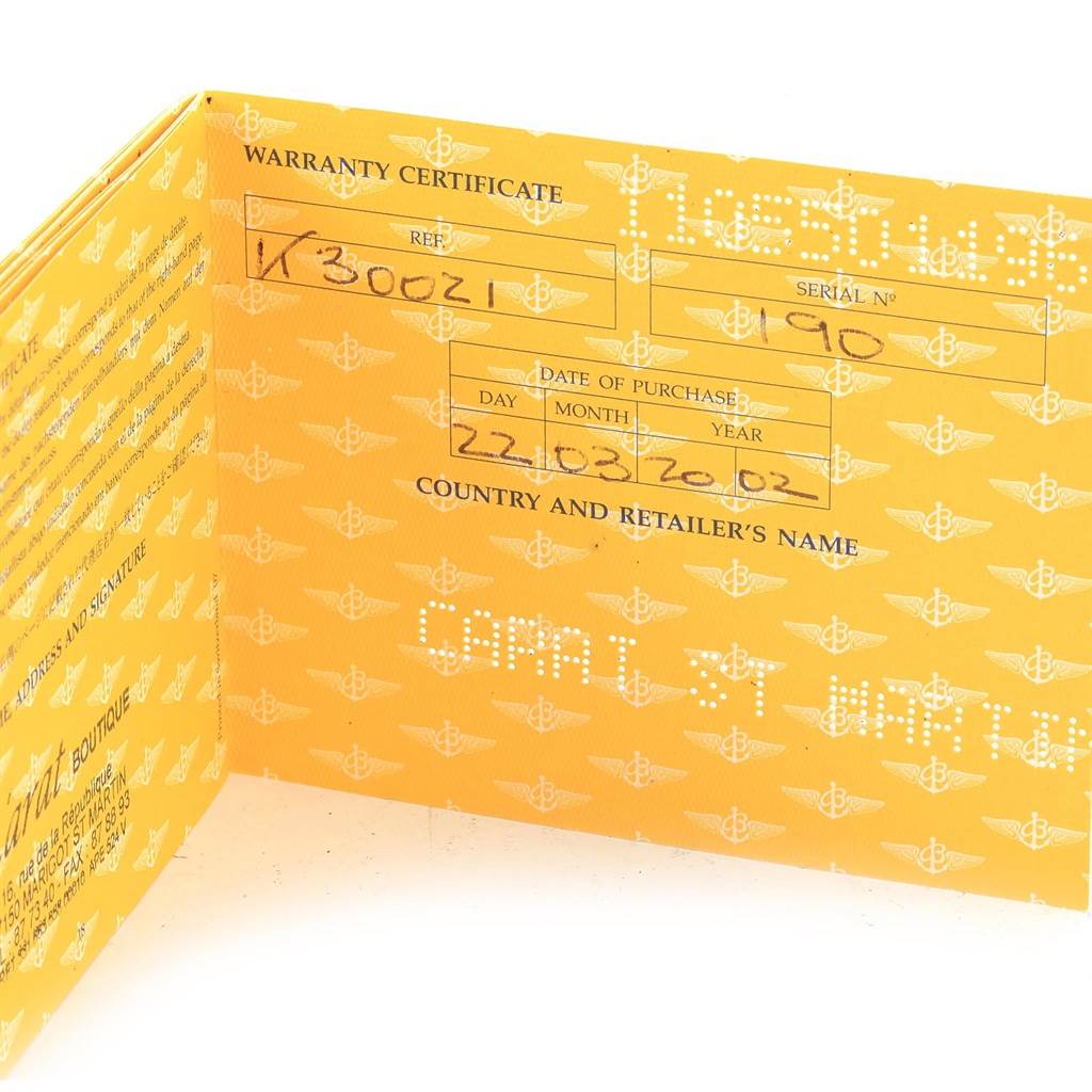 The image shows the warranty certificate for the Breitling Navitimer K30021 Men
s Rose Gold Black Dial K30021 Men
s Rose Gold Black Dial watch, displaying the reference and serial numbers.