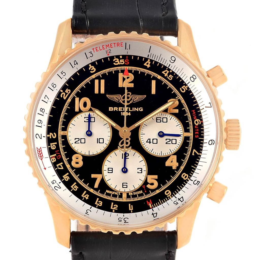 This image shows a front view of the Breitling Navitimer K30021 Men
s Rose Gold Black Dial K30021 Men
s Rose Gold Black Dial watch, displaying its dial, subdials, bezel, and leather strap.