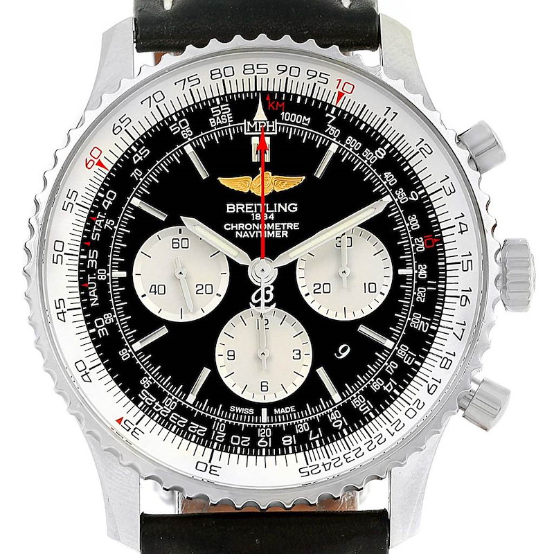 Breitling Navitimer 01 46mm Black Dial Leather Strap Mens Watch AB0127 SwissWatchExpo