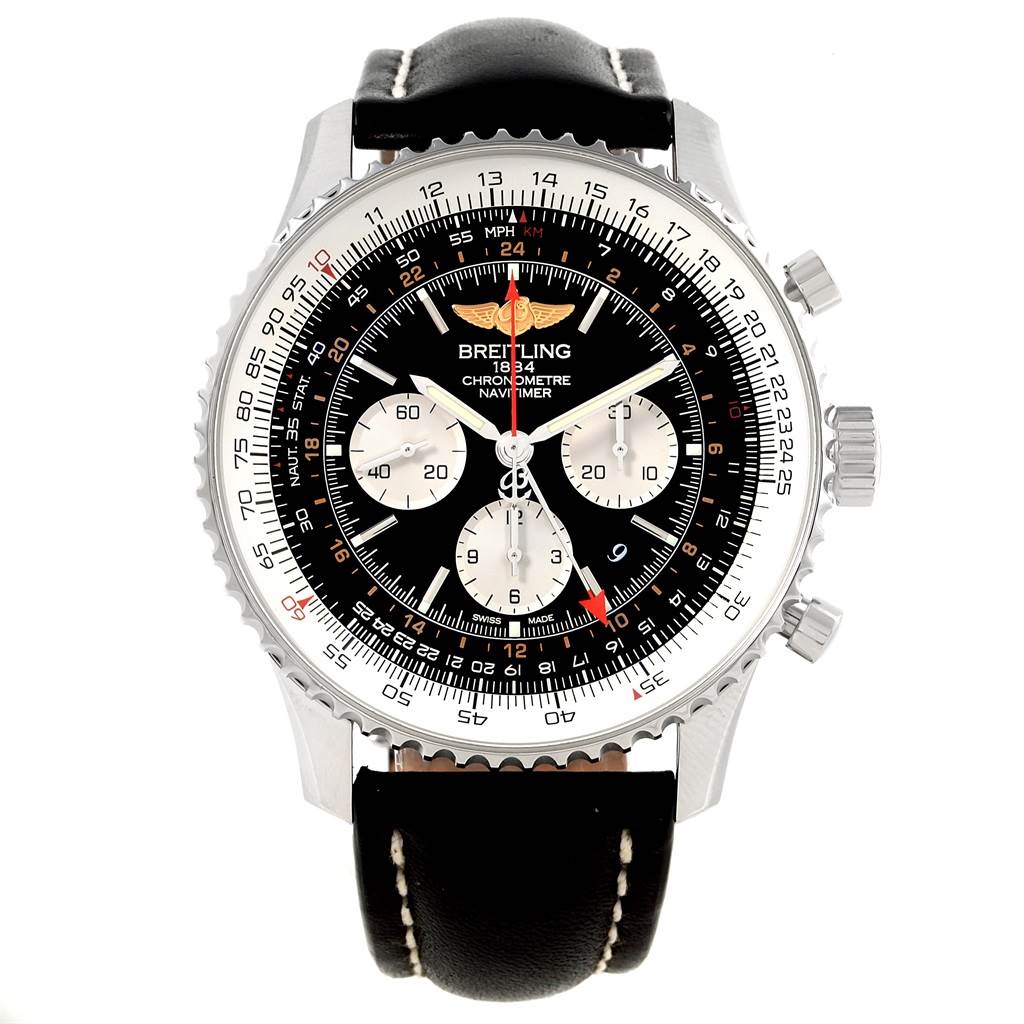 This image shows a Breitling Navitimer AB0441 Men's Stainless Steel Black Dial AB0441 Men's Stainless Steel Black Dial watch face directly from the front, including its bezel, chronograph, and leather strap.