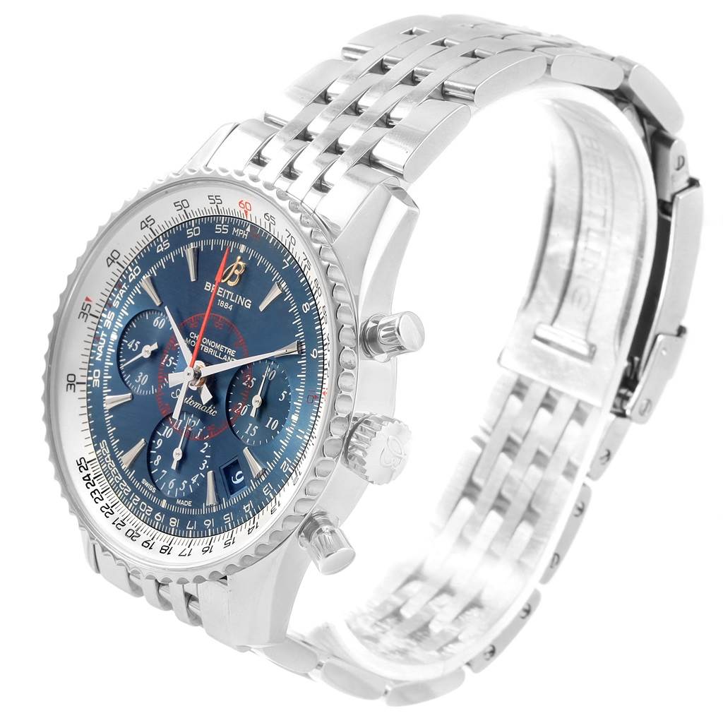 This image shows a Breitling Navitimer AB0130 Men
s Stainless Steel Blue Dial AB0130 Men
s Stainless Steel Blue Dial watch angled slightly from the front-right, highlighting the blue dial, chronograph subdials, and metal bracelet.