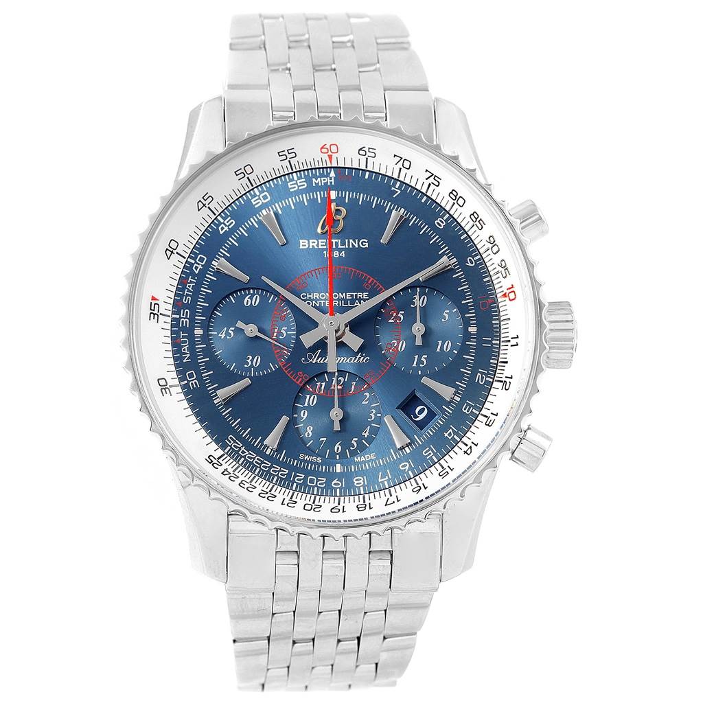 The image shows a front view of a Breitling Navitimer AB0130 Men
s Stainless Steel Blue Dial AB0130 Men
s Stainless Steel Blue Dial watch, displaying its blue dial, chronograph sub-dials, and metal bracelet.