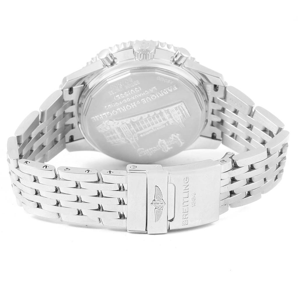 The image shows the back case and bracelet of a Breitling Navitimer AB0130 Men
s Stainless Steel Blue Dial AB0130 Men
s Stainless Steel Blue Dial watch, displayed from the rear angle.