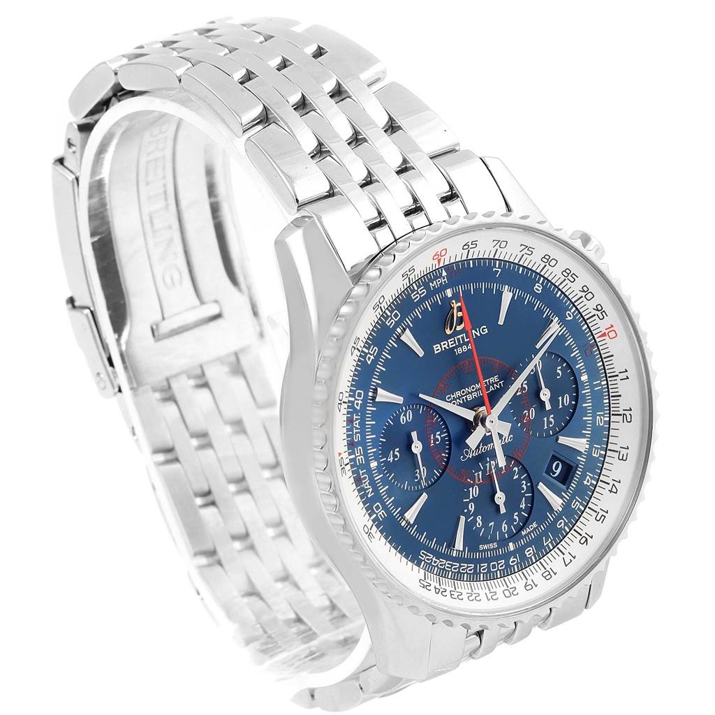 This image shows a Breitling Navitimer AB0130 Men
s Stainless Steel Blue Dial AB0130 Men
s Stainless Steel Blue Dial watch at an angle highlighting the face, bezel, and metal bracelet.