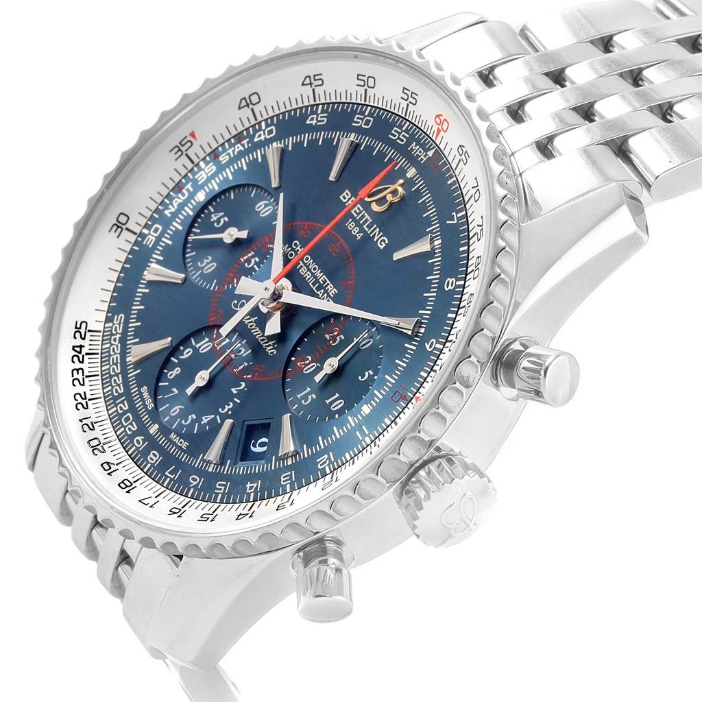 The image shows a side angle of the Breitling Navitimer AB0130 Men
s Stainless Steel Blue Dial AB0130 Men
s Stainless Steel Blue Dial watch, highlighting its dial, bezel, crown, pushers, and part of the bracelet.