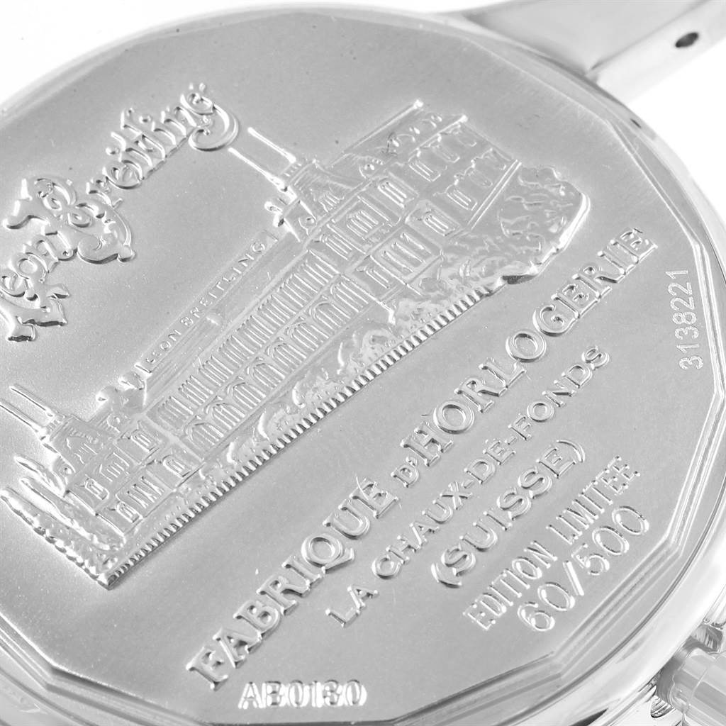 This image shows the engraved case back of a Breitling Navitimer AB0130 Men
s Stainless Steel Blue Dial AB0130 Men
s Stainless Steel Blue Dial watch, highlighting its limited edition number and intricate design details.